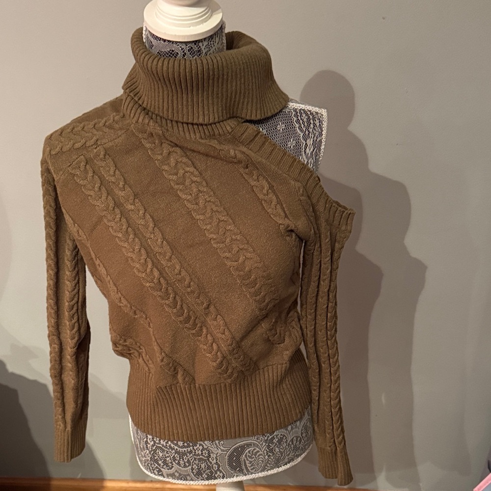 Lalavon Women's Cable Knit One Shoulder Turtleneck Sweater - Olive Green